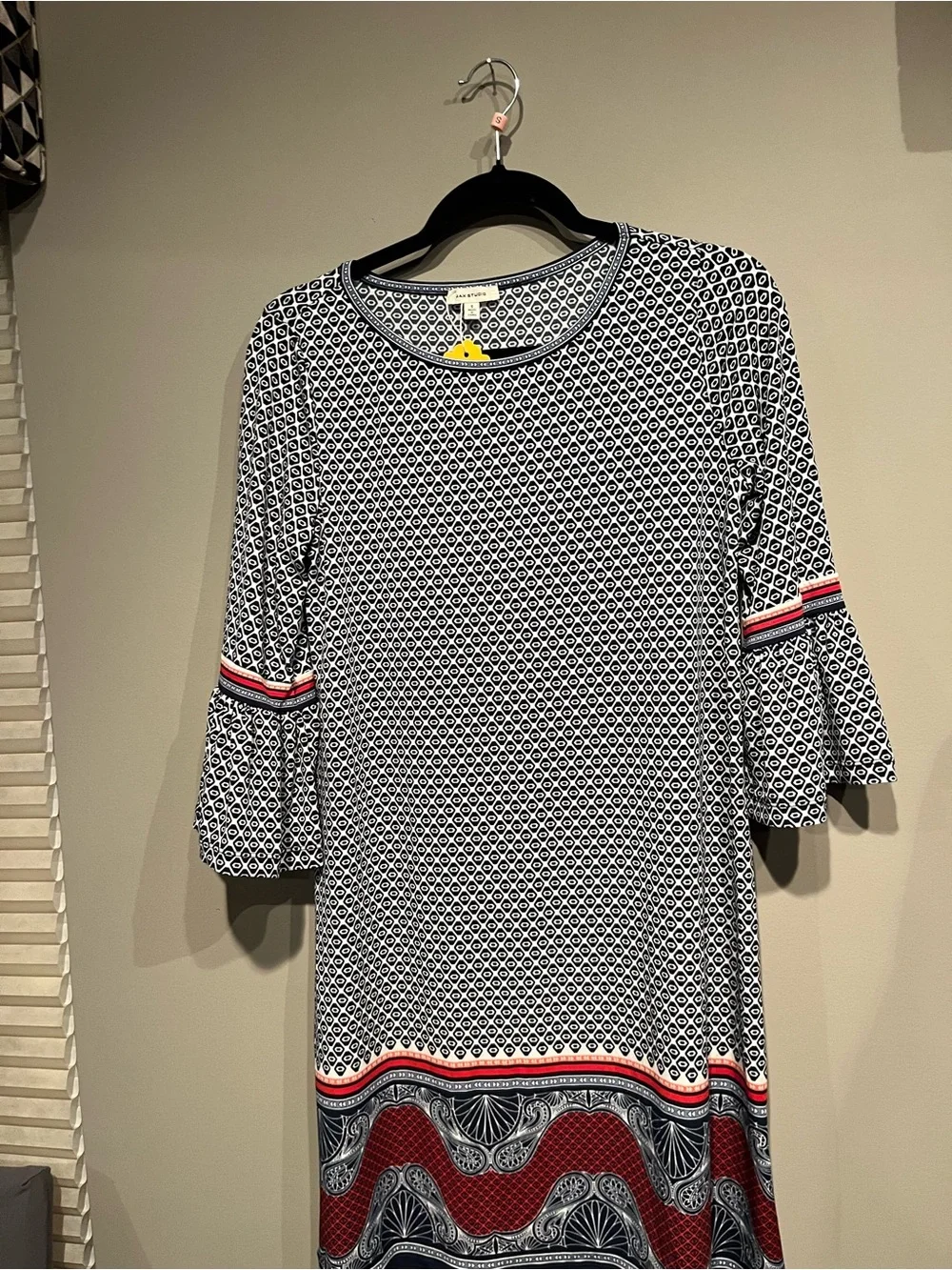 Max Studio Navy and White Geometric Midi Dress with Red Trim